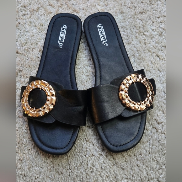 Seychelles Shoes - Seychelles Black Sandals with Gold Embellishments